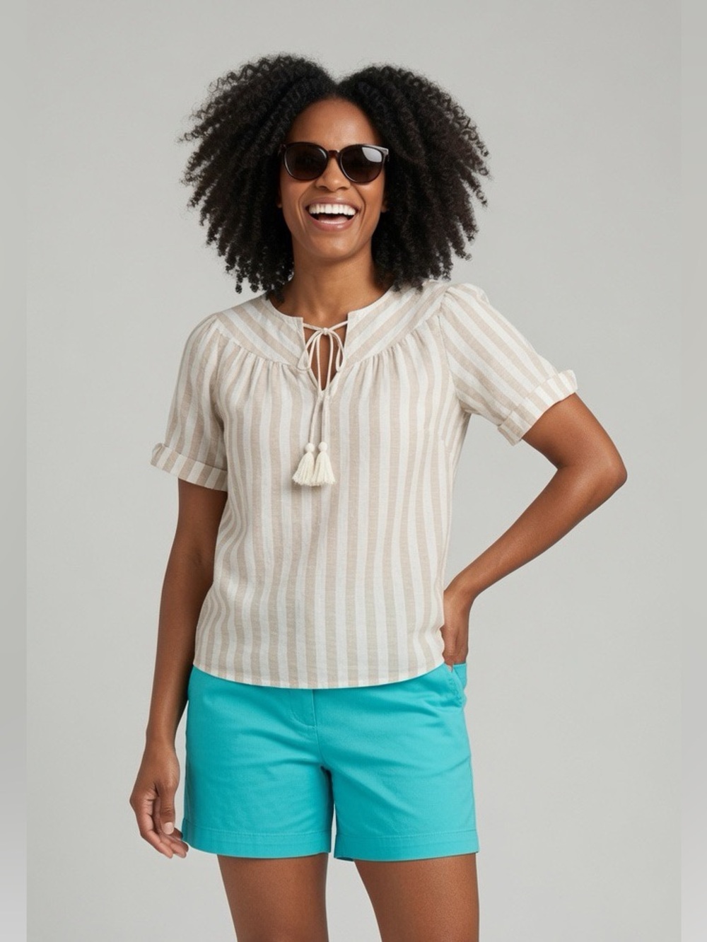 BeachLunchLounge Striped Linen/Cotton Tie Front Blouse Top Size Medium
